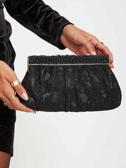Black Elegant Beaded Clutch with Bag Women's Evening Lace
