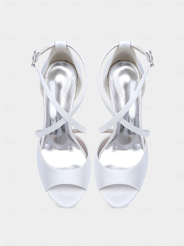 Cross-Strap Satin Peep-Toe Heels Elegant Women's White –