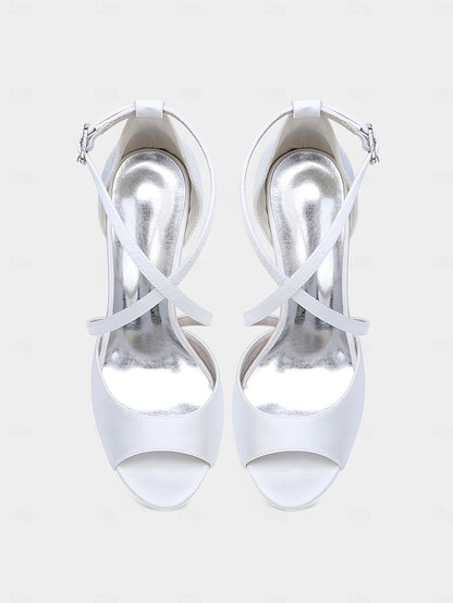 Cross-Strap Satin Peep-Toe Heels Elegant Women's White –