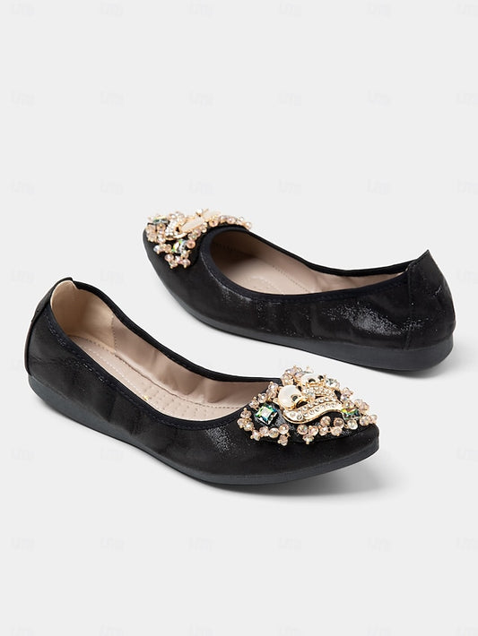 Women's Black Flats Rhinestone with Ballet Foldable