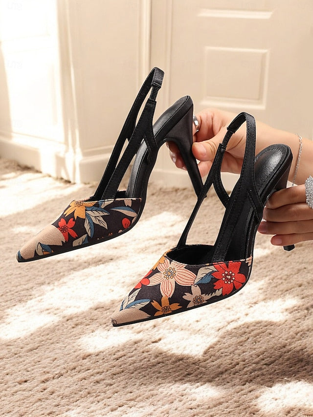 Slingback Elegant Pointed Heels Toe High Women's – Floral