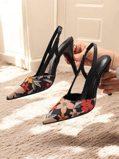 Slingback Elegant Pointed Heels Toe High Women's – Floral