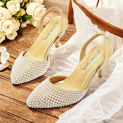 Slingback Women's Embellishments with White Pearl Heels –