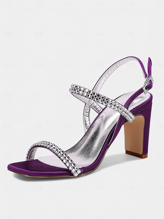 Heel Prom White Bridal – Rhinestone Sandals Women's Block