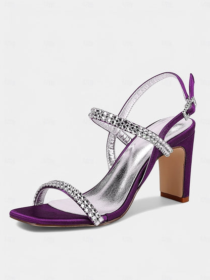 Heel Prom White Bridal – Rhinestone Sandals Women's Block