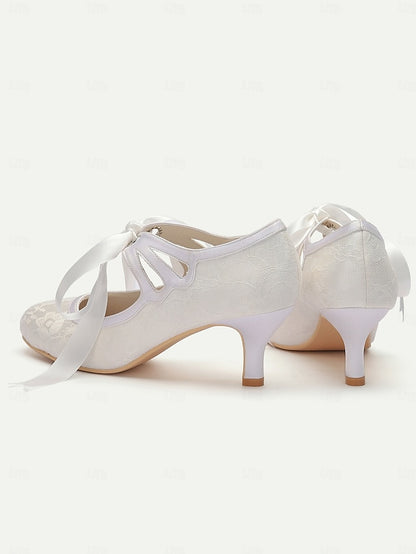 Ribbon Satin Pumps Lace with Elegant Bridal White - Vintage Ties