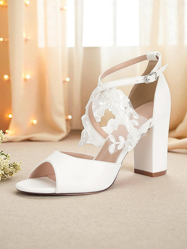 Women's Heel Ankle Block Strap White - with Lace Sandals