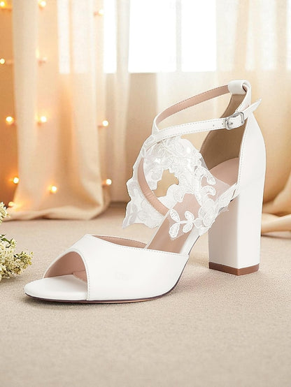 Women's Heel Ankle Block Strap White - with Lace Sandals