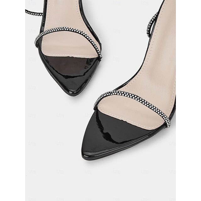 Sexy Sandals Stiletto Women's – Lace-Up Black Rhinestone