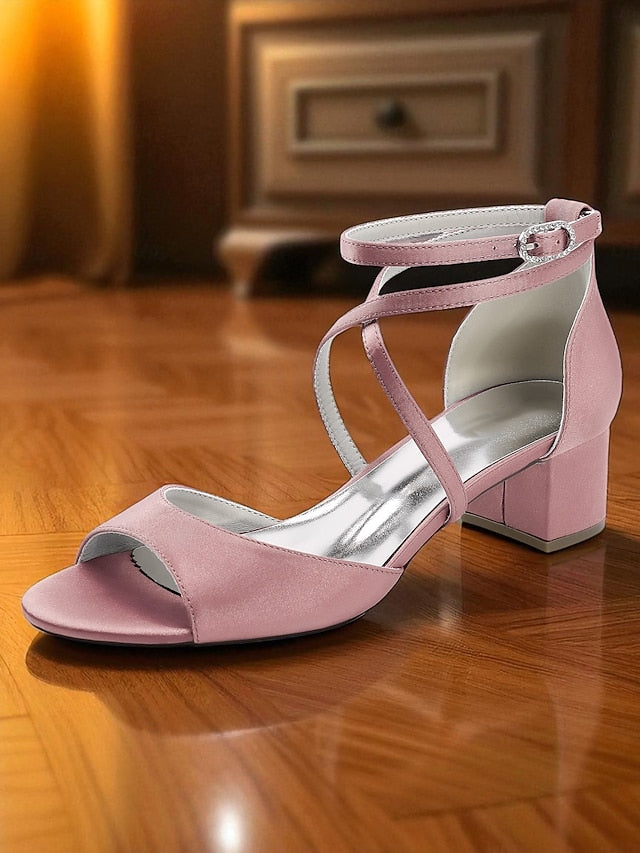 Sandals with Heel Women's Satin Strap Ankle - Elegant Block