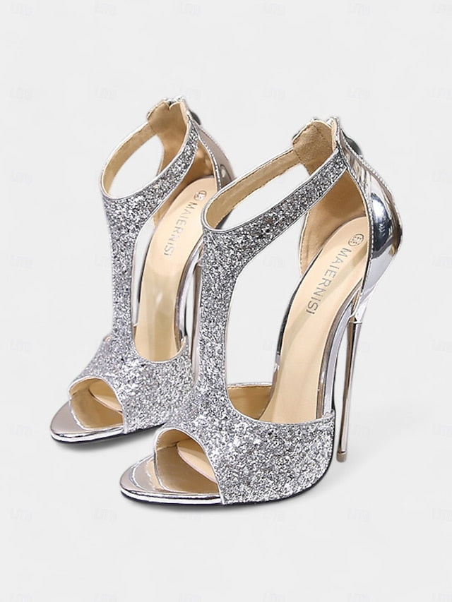 with Stiletto for Gold T-Strap Glitter Heels and Design Toe Open