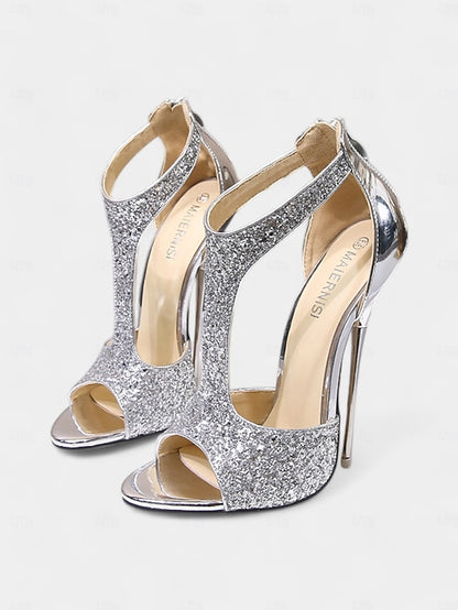 with Stiletto for Gold T-Strap Glitter Heels and Design Toe Open