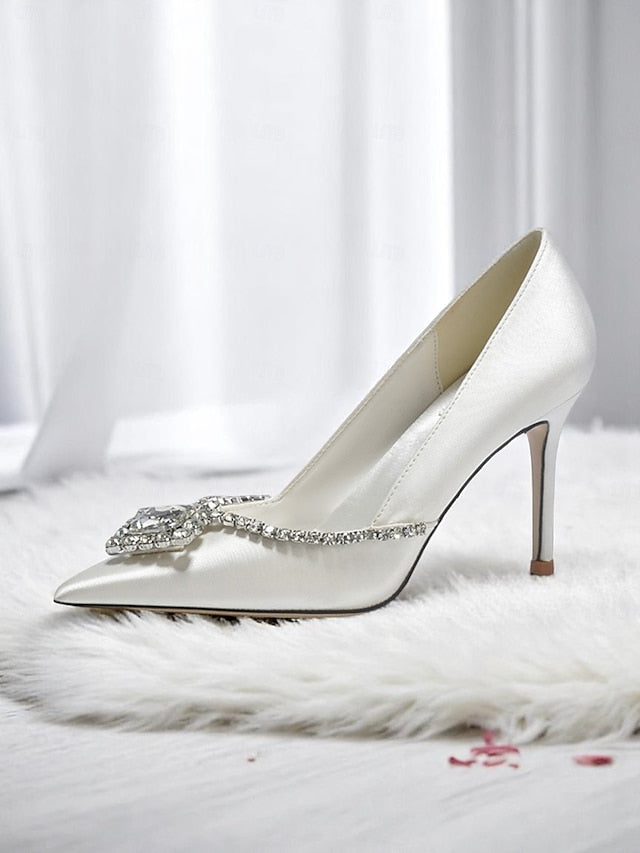 Pointed Toe Wedding Crystal Women's Satin White with Heels