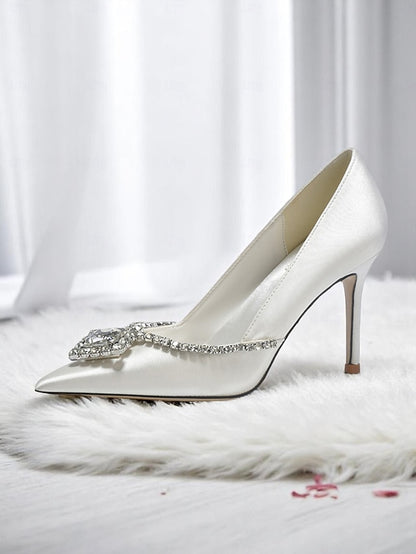 Pointed Toe Wedding Crystal Women's Satin White with Heels