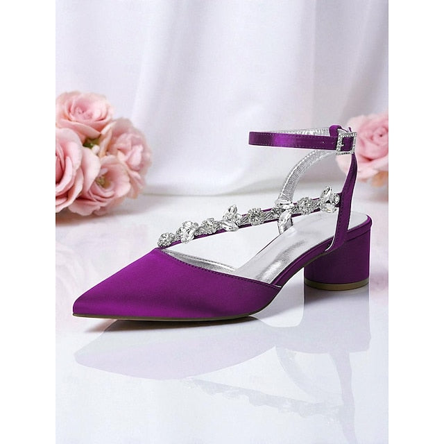 Satin Rhinestone Purple Women's Block with Heel Pumps