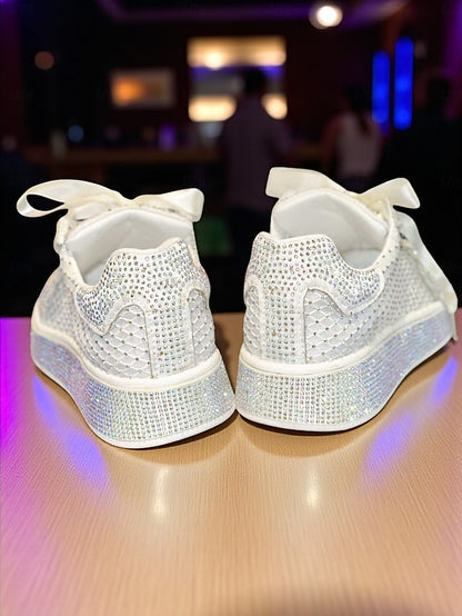 White Women's Rhinestone Sneakers Ribbon with Laces Satin