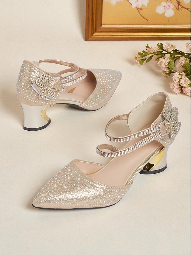 Toe Pointed Low Strap Women's Heel Ankle Rhinestone Glitter
