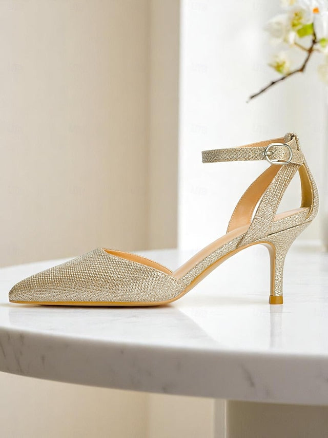 Gold Heels Ankle Strap Glitter Women's