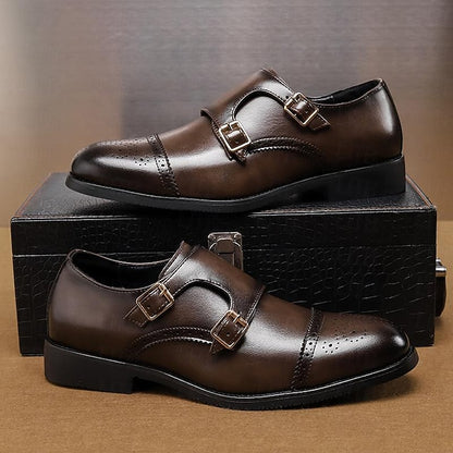 Monk Brown Double with Strap Shoes Men's Leather Faux