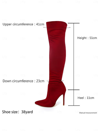 Suede Boots Pointed Over-the-Knee - Women's Toe Red