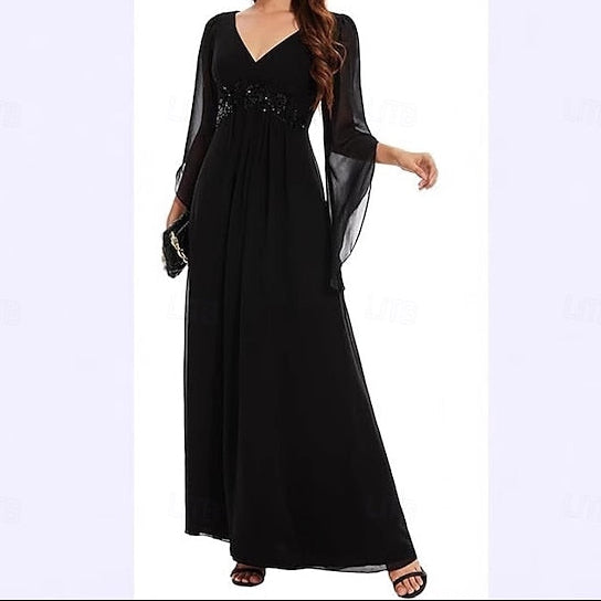 Neck V the Floor Mother Bride of Dress Simple Elegant A-Line