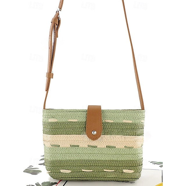Woven with Women's Colorblock Straw Striped Brown Tote Bag