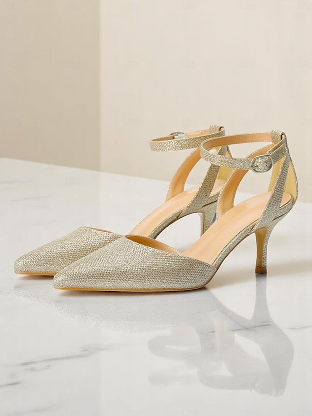 Women's Gold Heels Strap Glitter Ankle