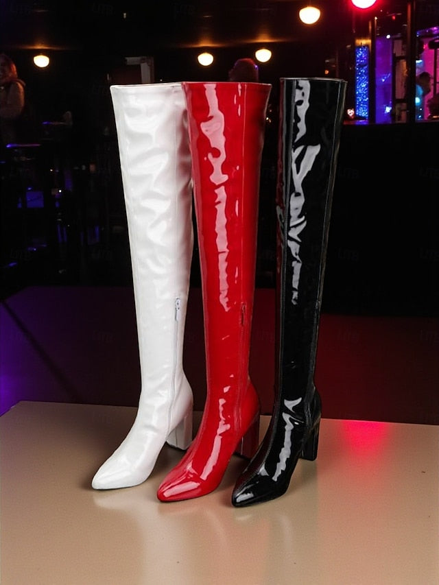 Knee Leather Over Boots Patent Red Women's the