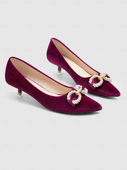 Bow Velvet Heel Women's Kitten - Burgundy with Pumps Pearl