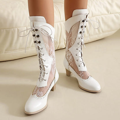 White with Lace-Up Victorian-Style Boots Women's Lace