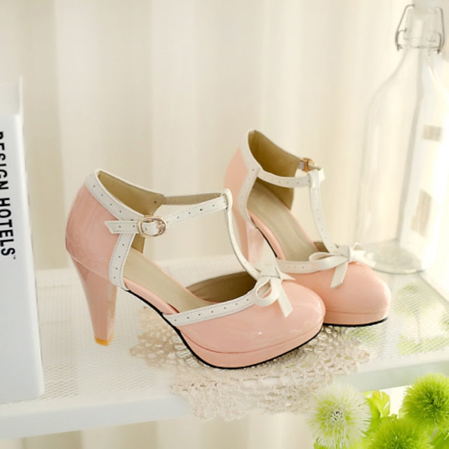 White Women's Heels Black T-Strap High Leather Patent with