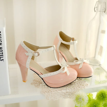 White Women's Heels Black T-Strap High Leather Patent with