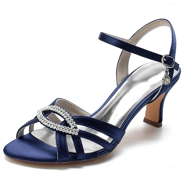 Satin Heels Blue Rhinestone Dark Women's Strappy with