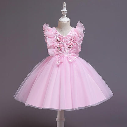 Party Color Flower Sequin Kids Solid Girls' Dress