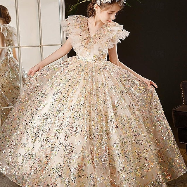 Solid 3/4 Kids Party Flower Dress Color Girl Girls'