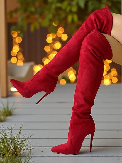 Suede Boots Pointed Over-the-Knee - Women's Toe Red