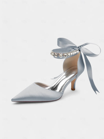 Ankle Rhinestone and Pointed-Kitten Strap with Heels Satin Blue