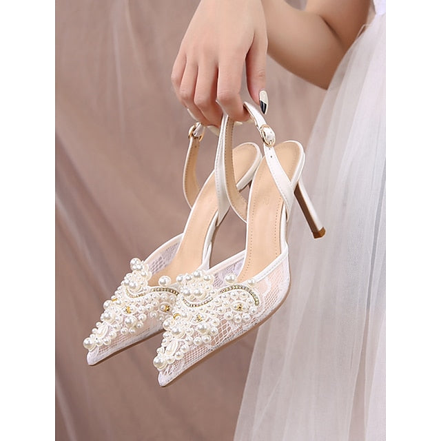 Kitten Slingback White with Pearl-Embellished Heel Pointed-Toe