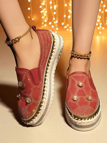 Rhinestone Red Platform Sneakers with Studs Slip-On Women's