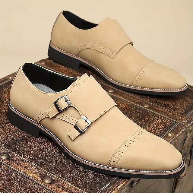 Faux Monk Double Shoes Beige Strap with Leather Men's