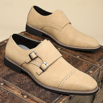 Faux Monk Double Shoes Beige Strap with Leather Men's
