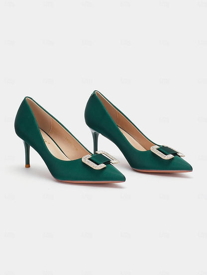 Women: with Rhinestone Green Buckle Pumps Satin for Elegant