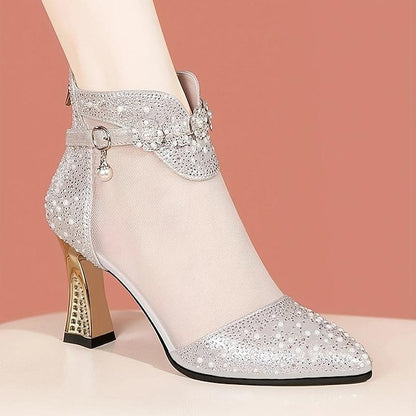 Women's Ankle Boots Mesh Golden Rhinestone Heels – with