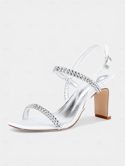 Heel Prom White Bridal – Rhinestone Sandals Women's Block