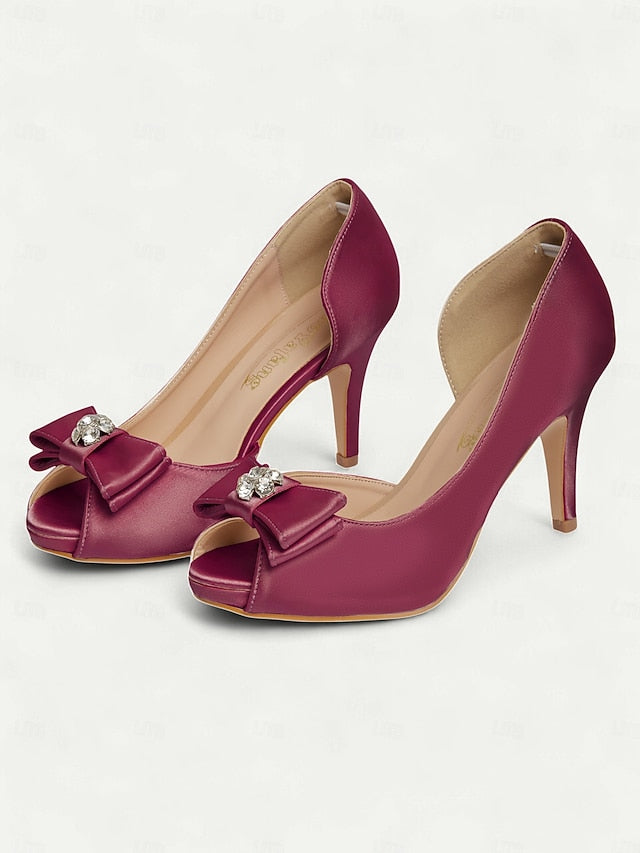 Satin Peep Toe Bow and with Heels Champagne Women's