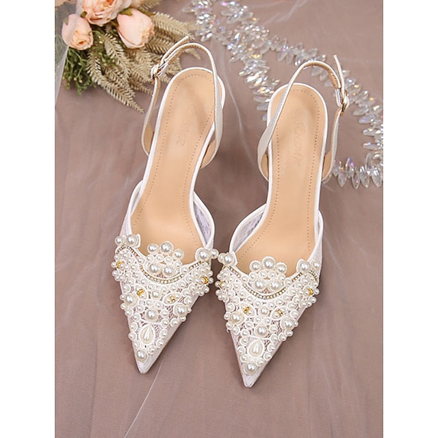 Kitten Slingback White with Pearl-Embellished Heel Pointed-Toe
