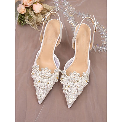 Kitten Slingback White with Pearl-Embellished Heel Pointed-Toe
