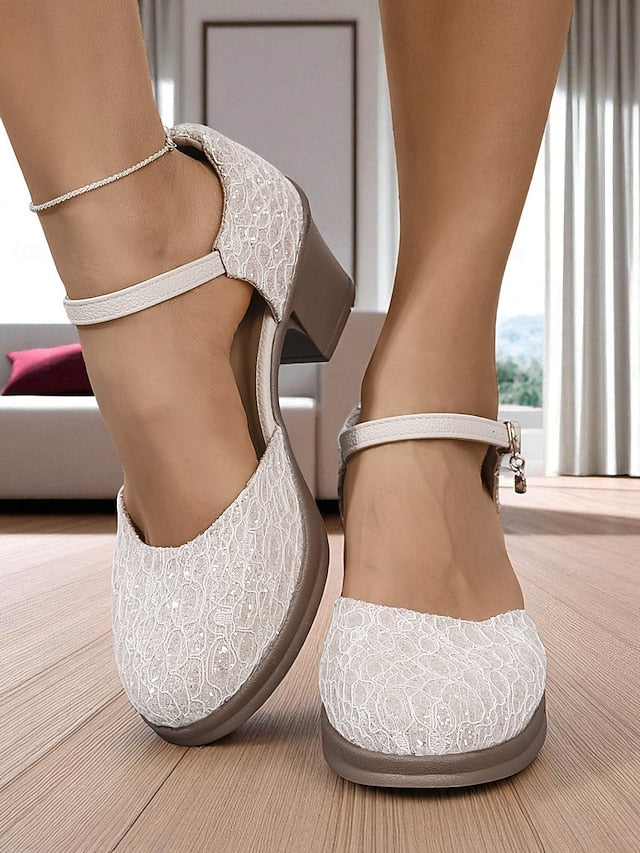 Women's Low Comfortable Mary Lace Heel - Jane Chunky Shoes
