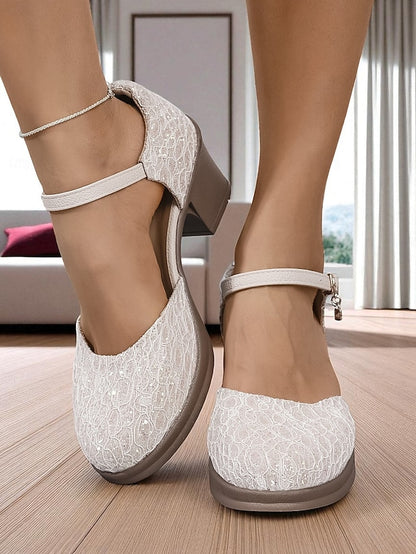 Women's Low Comfortable Mary Lace Heel - Jane Chunky Shoes