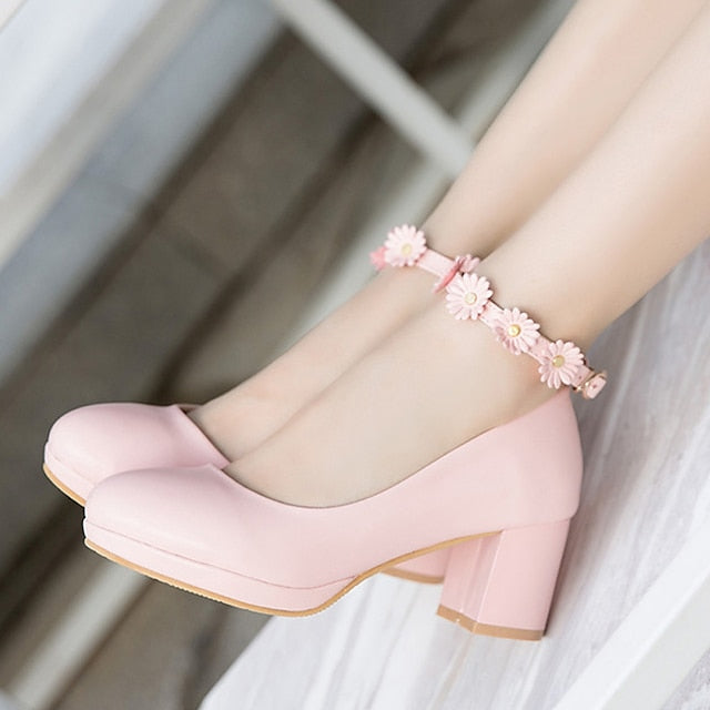 Shoes with Flower Block Ankle White Girls' Daisy Heel